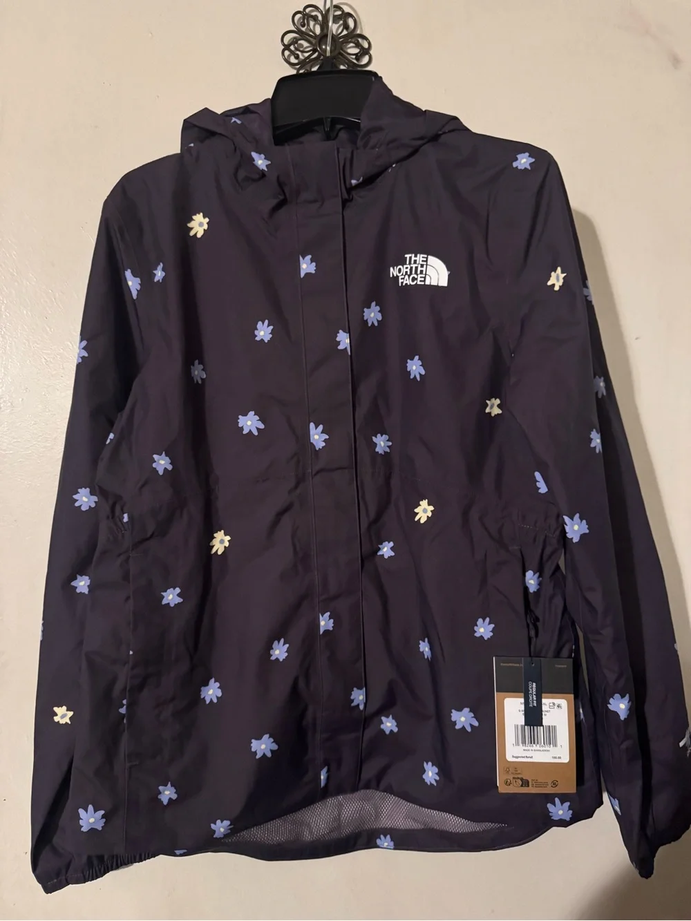 The North Face Navy Floral Hooded Raincoat with Blue & Cream Accents